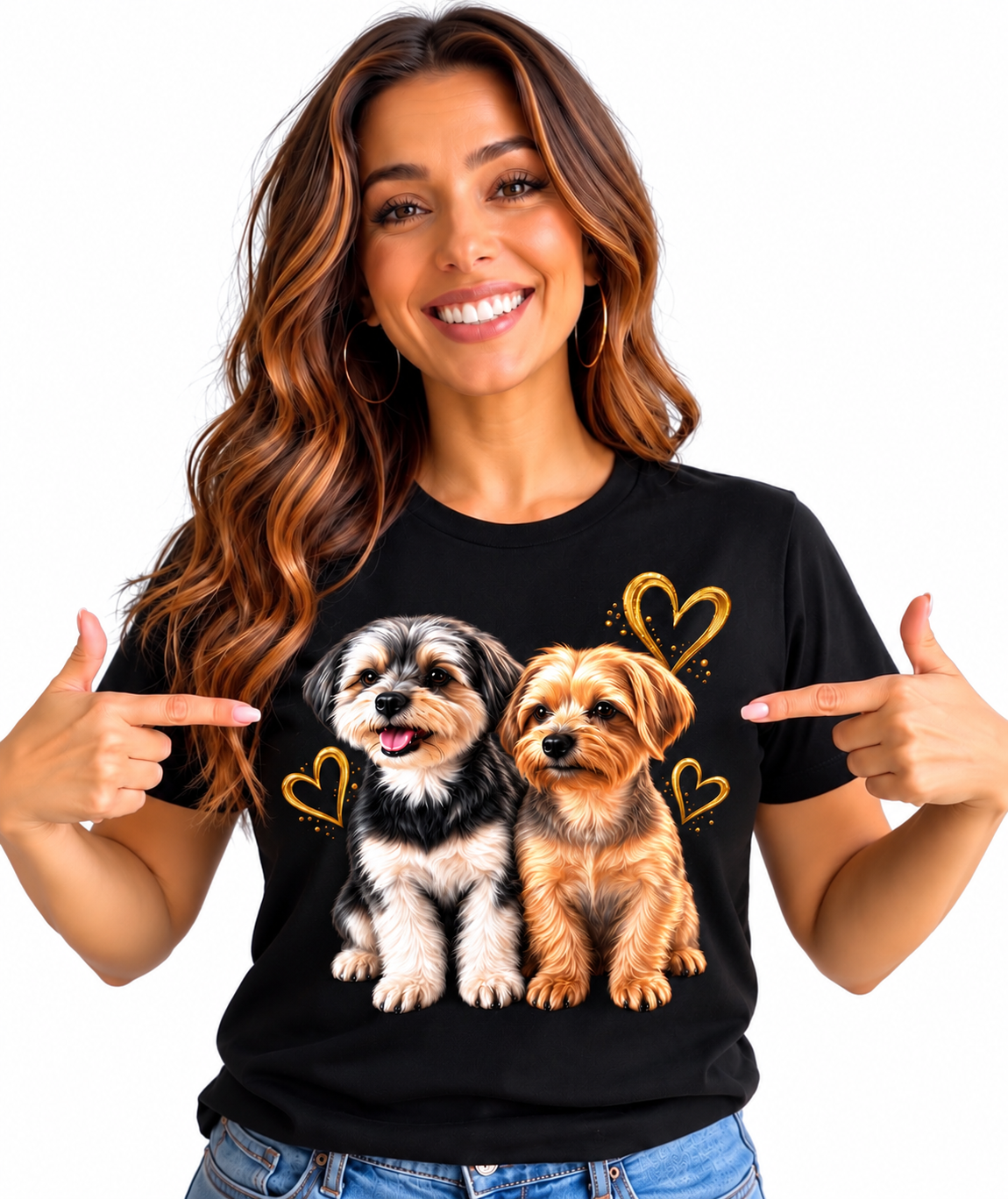 Smiling woman wearing a black T-shirt with the two dogs and gold hearts design