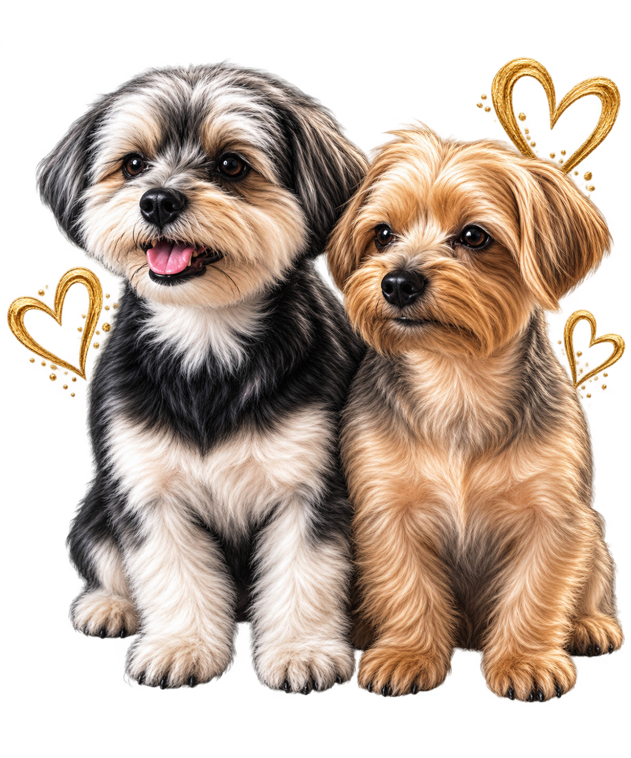 Your uploaded image — two dogs with gold hearts on a white background